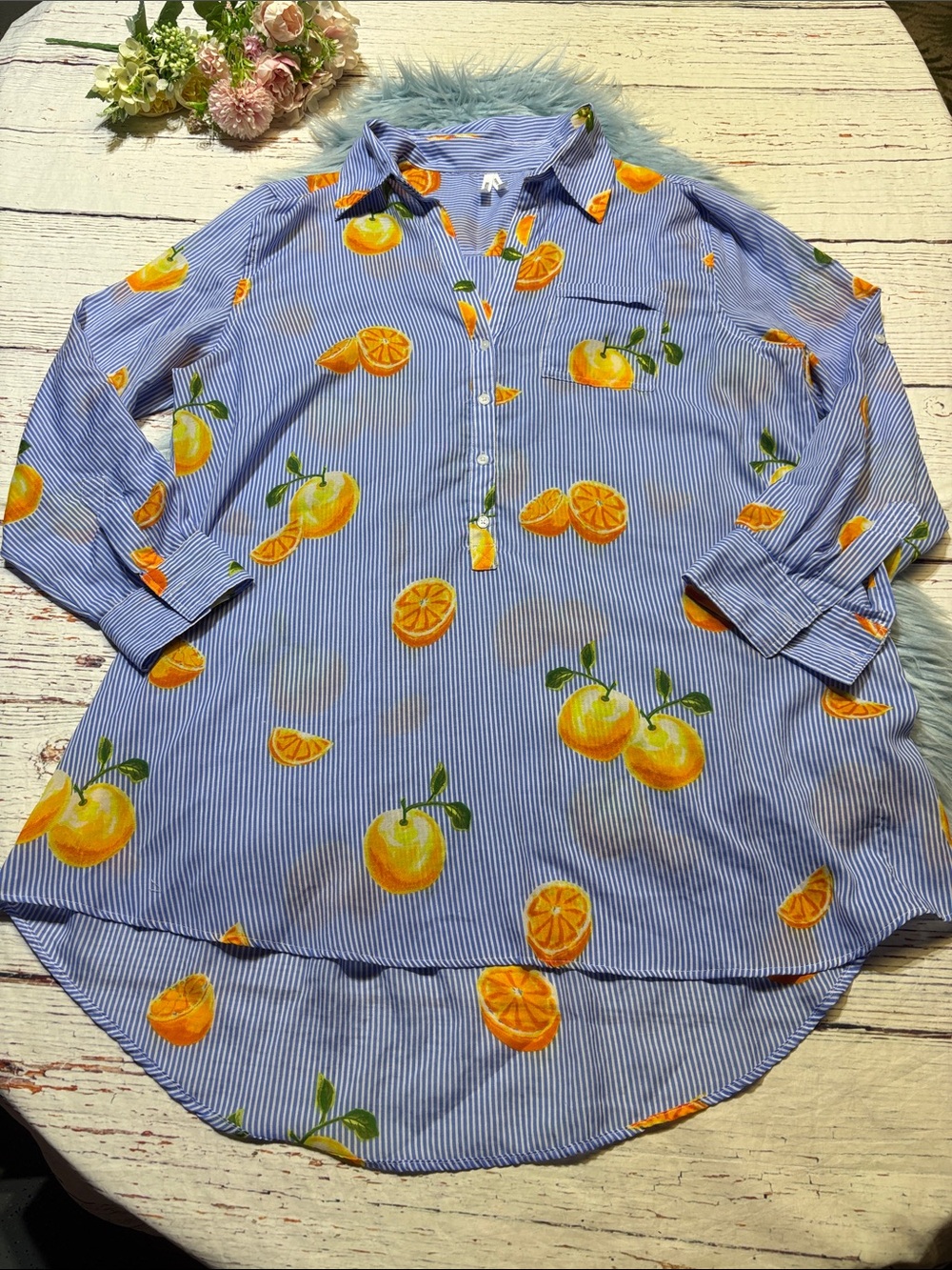 Live 4 Truth Blue Striped Button-Down with Orange Fruit Print Shirt Dress sz XL